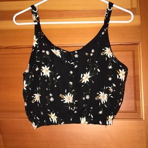 Spaghetti Strap Black Crop Top w/ Flowers
